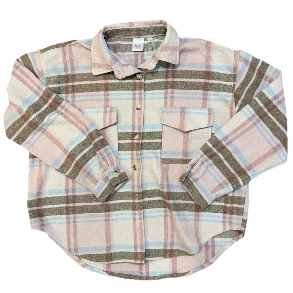 Barbie Brand Womens Plaid Flannel Button Up Shirt Jacket XL Pink Tan Blue